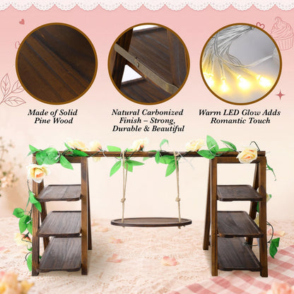 Purpeak Rustic Wooden Cupcake Stand with LED String Lights, 3 Tier Dessert Display Ladder with Swinging Tray, Solid Pine Serving Trays with Flower Vine for Wedding, Party, Birthday Event Table Decor
