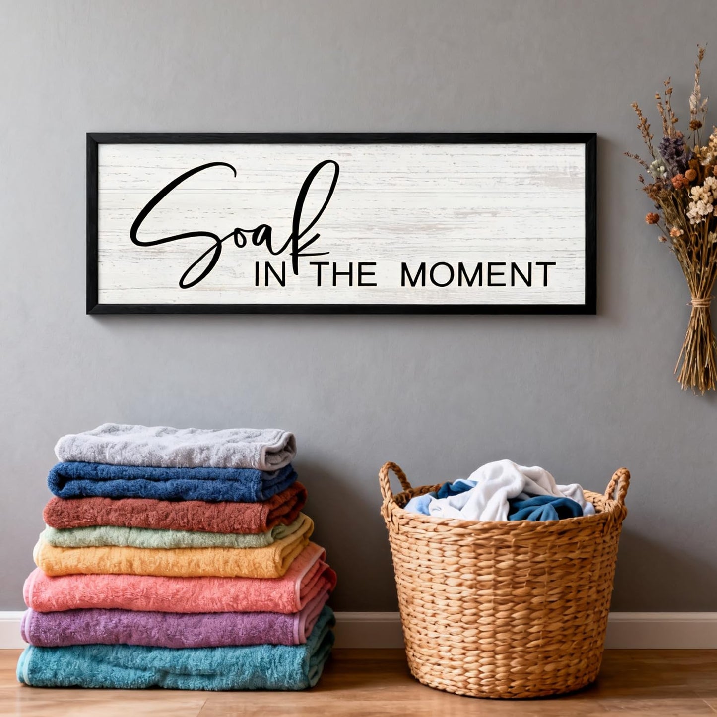 Soak in the Moment Wooden Sign Framed Wall Art, 32''×12'' Rustic Horizontal Motivational Bathroom Quote Wood Plaque above the Bathtub, Farmhouse Long Inspirational Shower Room Saying Wood Sign Wall Decor