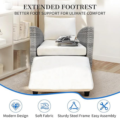 Outdoor Wicker Recliner Chair, 145° Patio Lounge Chair with 4" Cushion, Adjustable Backrest & Footrest, Flip-up Table & Side Pocket for Backyard, Deck, Balcony, Terrace, Poolside