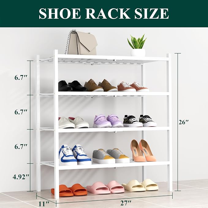 Smiry Bamboo Shoe Rack, 4 Tier Free Standing Wooden Shoe Organizer, Stackable Wood Shoe Storage Shelf for Closet, Entryway, 14 Vertical Slats, 2+2 Stack Heavy-Duty Legs, 26.8"x11"x26", White