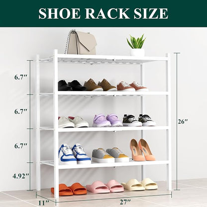 Smiry Bamboo Shoe Rack, 4 Tier Free Standing Wooden Shoe Organizer, Stackable Wood Shoe Storage Shelf for Closet, Entryway, 14 Vertical Slats, 2+2 Stack Heavy-Duty Legs, 26.8"x11"x26", White