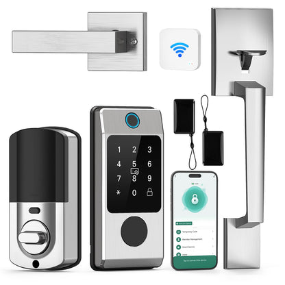WiFi Front Door Lock Set with Handle, Featuring Fingerprint Keyless Entry, Smart Keypad with Lever Handles, Electronic Screen + WiFi Gateway, App Control, Auto-Lock, and Voice Control-Silver