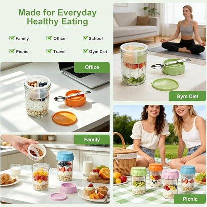 Overnight Oats Containers with Lids & Spoon 4 Pack 16oz, Leak-Proof Glass Over night Oat Jars with Divided Compartments for Fruit & Nuts, Meal Prep Mason Jars for Oatmeal Yogurt Chia Seed Pudding