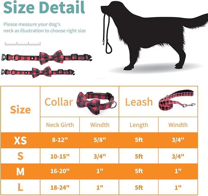 IVY&LANE Dog Collar with Bowtie and Leash Set | Plaid Adjustable Dog Collar | Detachable Bow Tie |5 FT Dog Leash | for Small Medium Large Dogs | Checkered Red | Small