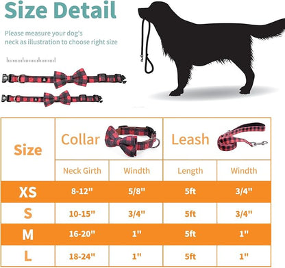 IVY&LANE Dog Collar with Bowtie and Leash Set | Plaid Adjustable Dog Collar | Detachable Bow Tie |5 FT Dog Leash | for Small Medium Large Dogs | Checkered Red | Small