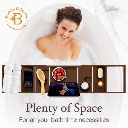 Bambüsi Bathtub Tray for Tub - Brown Bamboo Bath Tray, Expandable Wooden Bath Caddy Tray with Wine Holder, Book and Tablet Stand, Bathroom Accessories, Tub Table, Spa Bath Gifts for Women and Couples