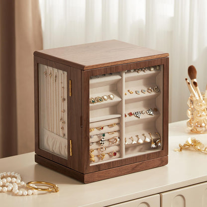 CHOSIN Black Walnut Wooden Jewelry Box, 360° Rotating Organizer with Glass Lid, 5 Drawers for Earrings, Rings, Necklaces – Vertical Jewelry Storage for Women, Ideal Gift for Her, Fathers Day Gift