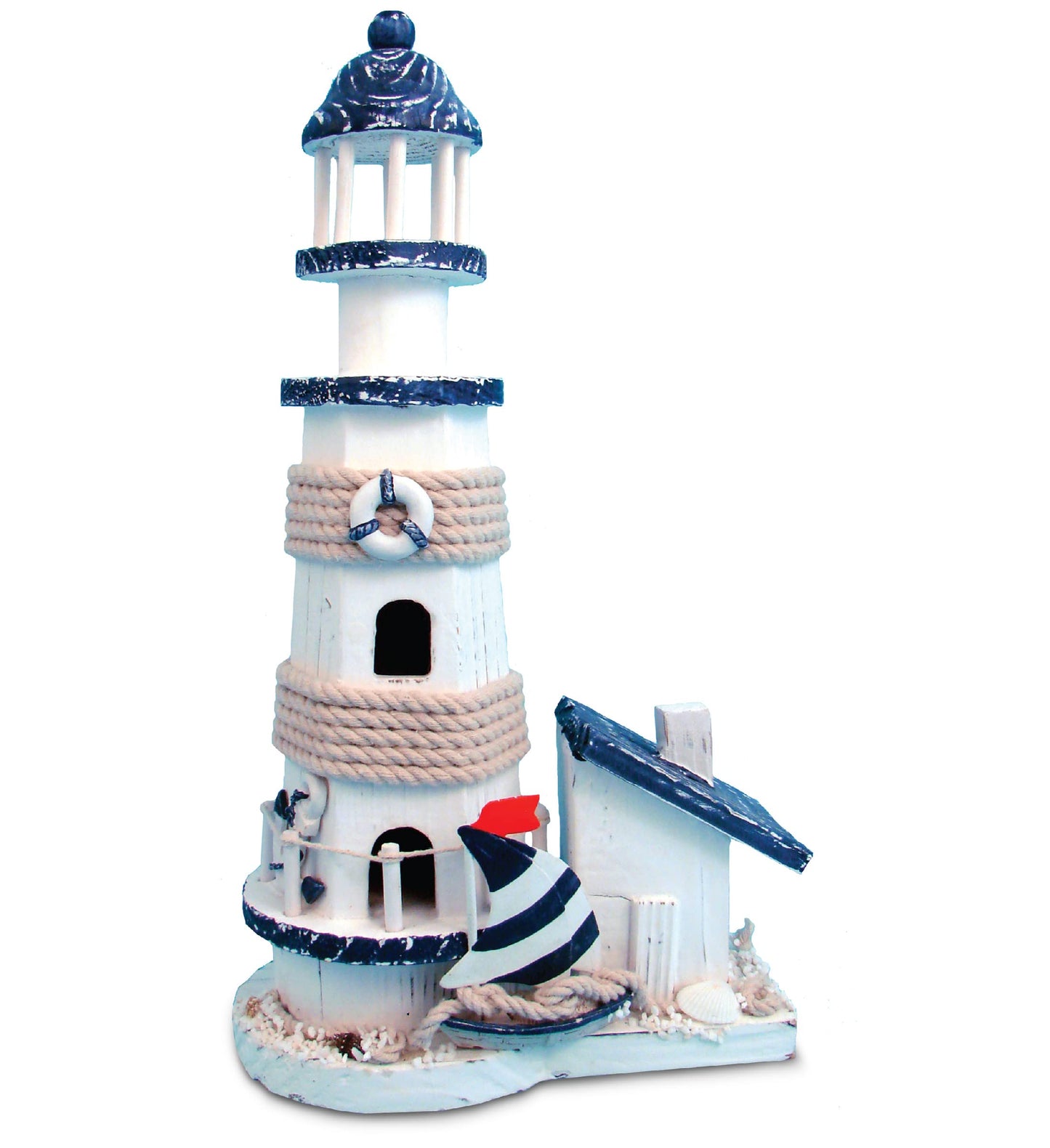 COTA Global Ocean Blue Lighthouse Decor - Handmade and Crafted Wooden Lighthouse Decoration with Sailboat Figure, Nautical Themed Home Decor – 13.5 Inch