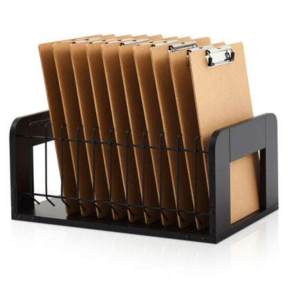 Yookeer 1 Pcs Vertical Clipboard Holder, Desk File Organizer Storage Rack, 12 Slot Wooden and Metal Clipboard Organizer, Storage Stand Rack for Home, Office, No Assembly Required (Black)