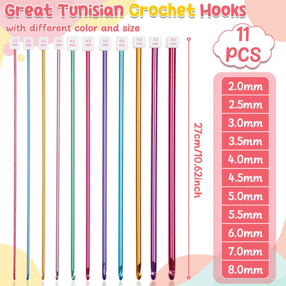Aeelike Tunisian Crochet Hooks Set with Cable, 11PCS Tunisian Crochet Hook 2-8 mm Aluminum 12 PCS Colorful Afghan Crochet Hooks 3.5-12 mm, Smooth Long Tunisian Crochet Hook with Cable for Beginner
