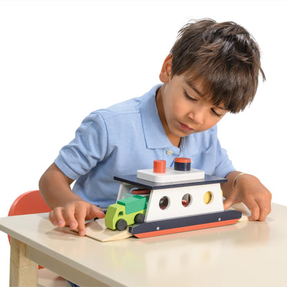 Mentari Toys - Car Ferry - Wooden Boat Set with 4 Vehicles - Includes Car, Caravan, Campervan, and Truck - Interactive Loading & Unloading Toy for Fine Motor Skills, Gift for Toddlers Age 3+