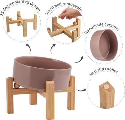 Khaki Elevated/Raised 15°Tilted Anti Slip Ceramic Dog Bowl for Medium & Large Breeds,Slanted Bulldog Big Face Pet Feeding Food Water Dish Stand for Dogs (7.6 Cups/60OZ)