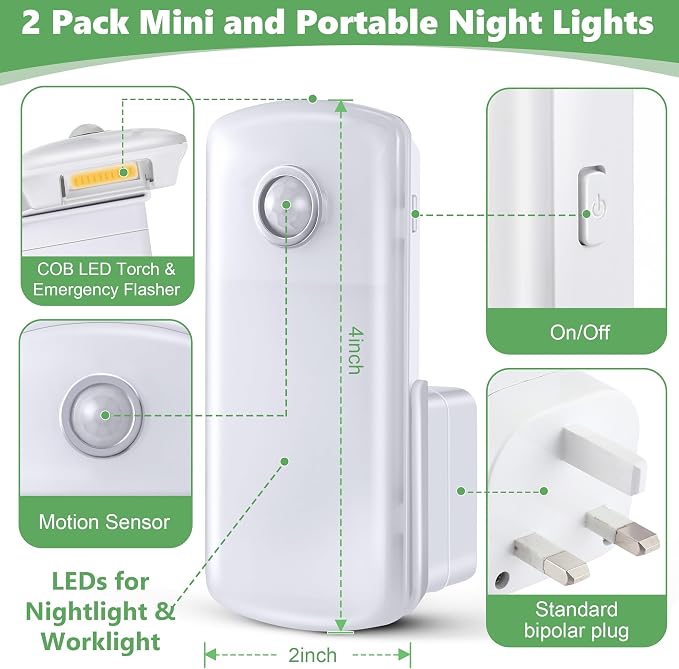 Enhon 2 Pack Emergency Power Failure Night Lights, Motion Sensor Night Light, Automatic Dusk to Dawn, Emergency Lights for Home, Bedrooms, Hallways, Black Outs, Rechargeable
