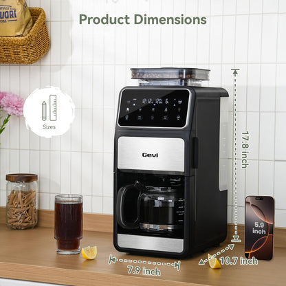 Gevi Grind & Brew Coffee Maker 10 Cup, Built-In Burr Grinder Drip Coffee Machine, Programmable Touch Screen, 4-Hour Warm Plate, Permanent Filter & Glass Carafe