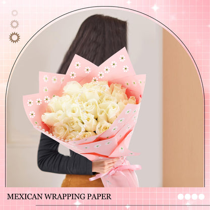 Fullhawl 20 Sheet Mexican Bouquet Wrapping Paper Flower Bouquet Waterproof De Barro Wrapping Paper for Cielito Lindo Party Baby Shower Mother's Day Floral Gift Wrap DIY Wedding Birthday(Pink)