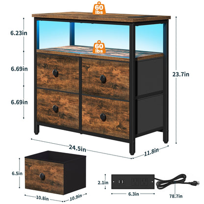 Yoobure Night Stand with Charge Station, Nightstand with 4 Drawers Bedside Table, LED Dresser with Storage Shelf, Night Stands for Bedroom, Side Table 3-Tier Wood End Table for Home Rustic Brown