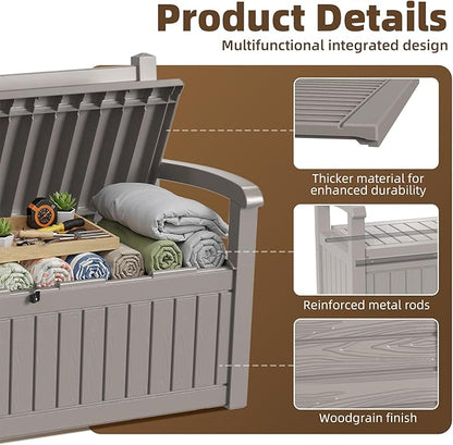EasyUp 80 Gallon Wood Grain Style Outdoor Storage Bench, Waterproof and Lockable Deck Box Outdoor Storage Furniture for Patio,Garden,and Porch – Perfect for Storing Garden Tools and Cushions(Gray)