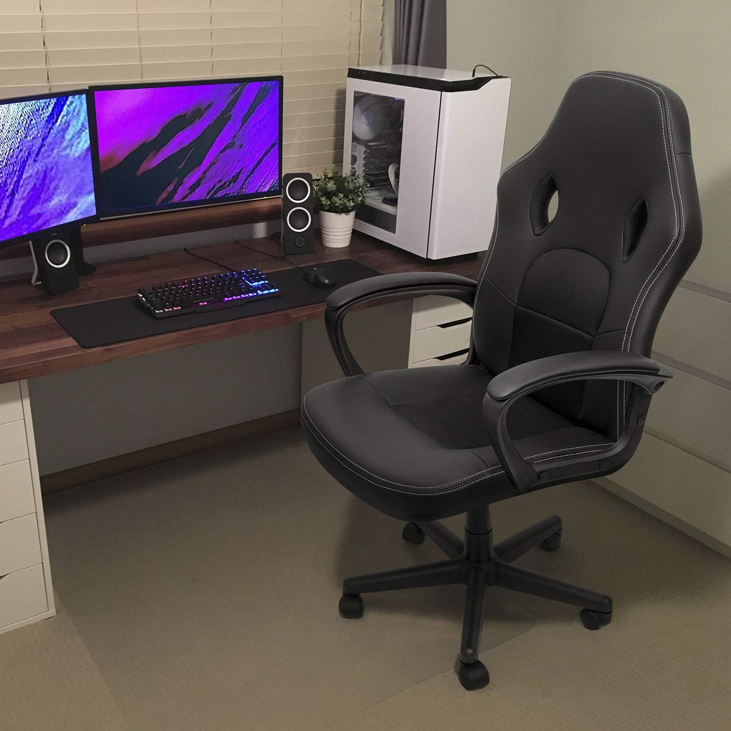 KaiMeng Office Gaming Chair High Back Leather Computer Chairs Ergonomic Height Adjustable Racing Game Desk Chair Executive Conference Task Chair (Black)