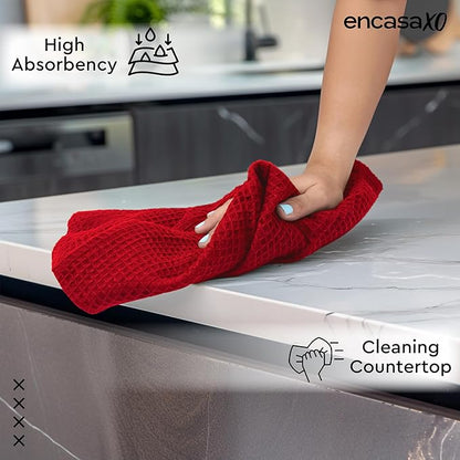 Encasa XO Kitchen Dish Towels Set | Red | Waffle Weave and Flat Hand Tea Towel