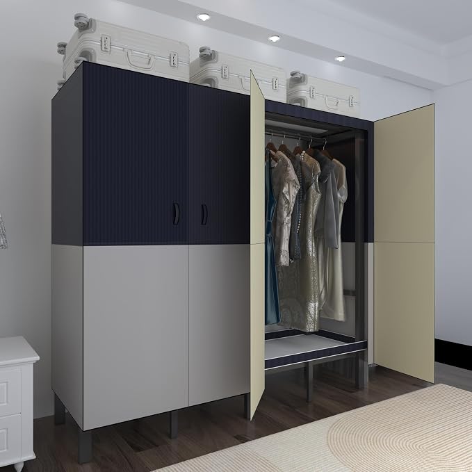 Foldable Portable Wardrobe Closet with Magnetic Doors & Cover, Heavy Duty Covered Clothes Rack with Hanging Clothing Rod, Metal Frame Standing Alone Closet for Bedroom (Door Design C, 70.9IN/180CM)