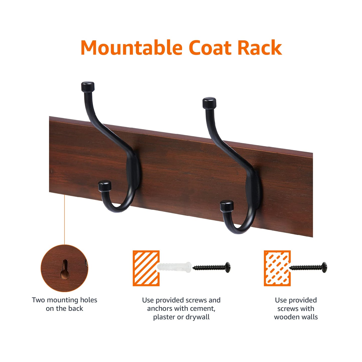 Amazon Basics Rectangular Farmhouse Wall-Mounted Coat Rack for Entryway and Bedroom, Storage Organizer, 5 Double Hooks, Light Walnut