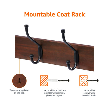 Amazon Basics Rectangular Farmhouse Wall-Mounted Coat Rack for Entryway and Bedroom, Storage Organizer, 5 Double Hooks, Light Walnut