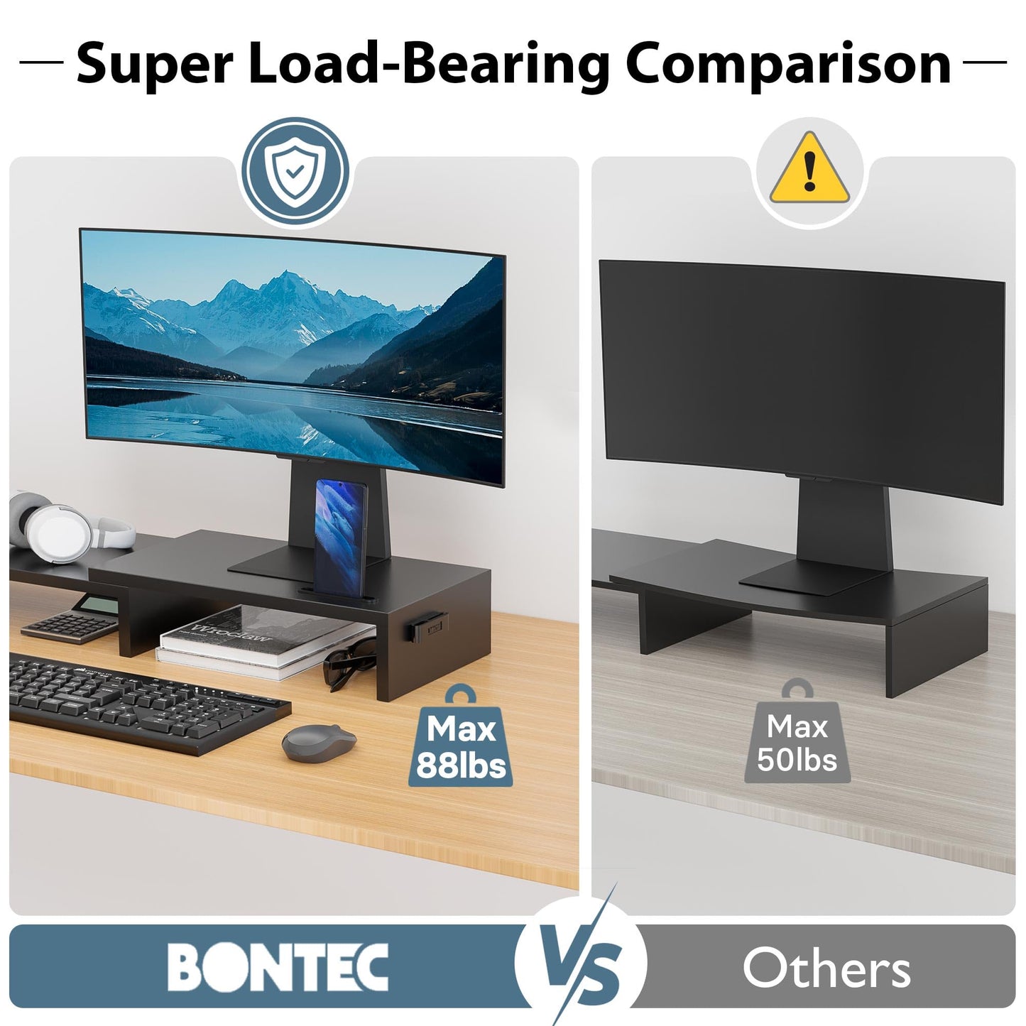 BONTEC Dual Monitor Stand Riser with Smartphone Holder, Adjustable Length & Swivel Angle, Ergonomic Wooden Desktop Organizer for PC Monitor, Laptop, Printer, Large Storage, Black