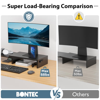 BONTEC Dual Monitor Stand Riser with Smartphone Holder, Adjustable Length & Swivel Angle, Ergonomic Wooden Desktop Organizer for PC Monitor, Laptop, Printer, Large Storage, Black