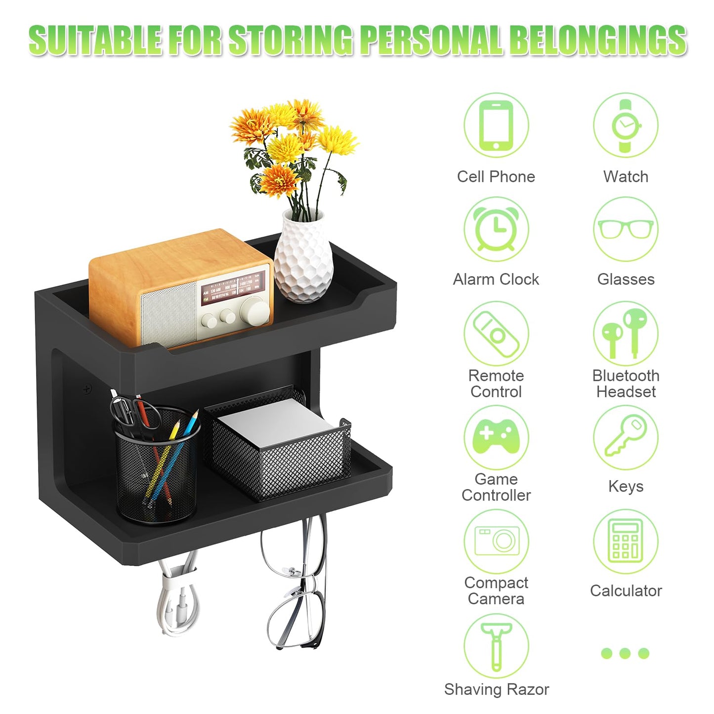 NiHome Large Wall Mounted Wooden Bedside Organizer, Double Storage Shelves & Magnetic Hooks, Solid Wood Bedside Shelf for Phone Glasses Remote Keys, Space-Saving Wall Rack for Bedroom RV Dorm (Black)