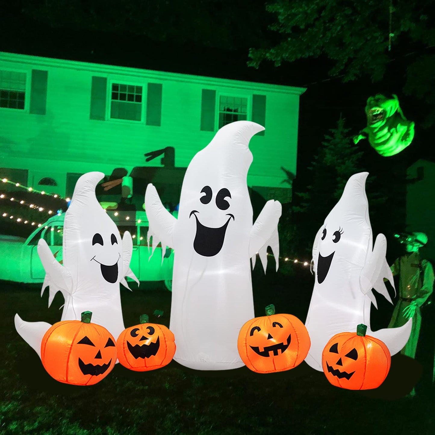 inslife 7FT Length Halloween Inflatable Ghosts and Pumpkins, 3 Ghosts Inflatables with Led Lights for Home Yard Lawn Indoor Halloween Outdoor Decoration