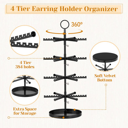 MODOWEY 4 Tier Metal Rotating Earring Holder Organizer Stand Adjustable Display Tree for Women, 384 Holes and Grooves Rack Tower for Pierced Dangle, Large Capacity Space-Saving Jewelry Hanger, Black