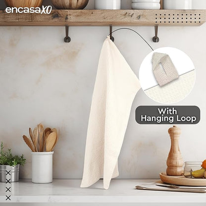 Encasa XO Kitchen Dish Towels Set | Solid Off White | Waffle Weave and Flat