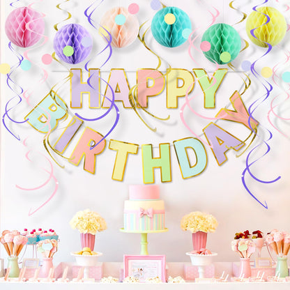 LITAUS Pastel Birthday Decorations Kit - 17-Piece Set with Pre-Strung Happy Birthday Banner, Honeycomb Balls, Garland & Swirls | Macaron Theme Party Supplies for Women Girls Kids, Teens Adults