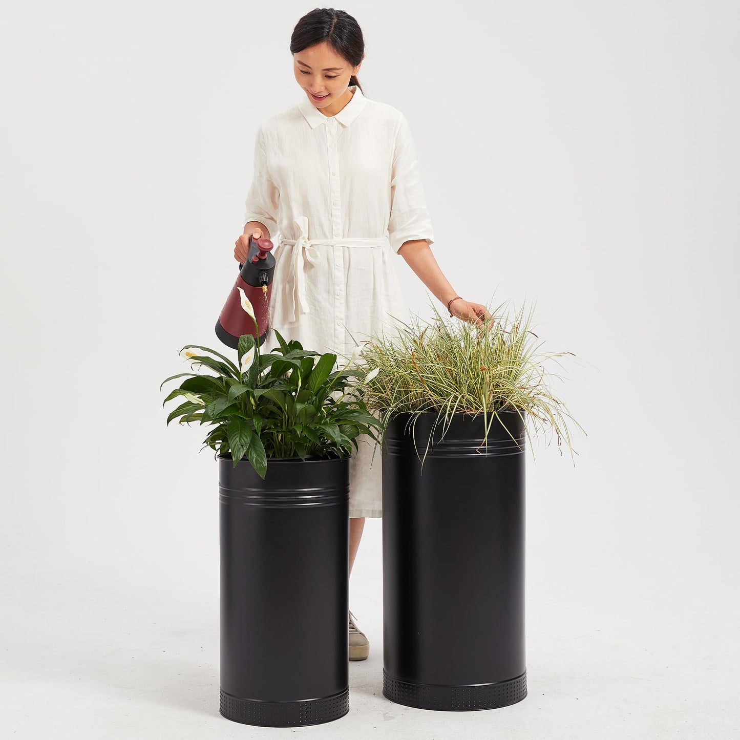 Worth Garden Galvanized Steel Planter 2-Pack - Large:28"x14.5" & Small:24"x12" - Tall Metal Plant Pots - Large Handcrafted Decoration Flower Pot for Indoor Outdoor, Deck, Patio, Front Porch - Black