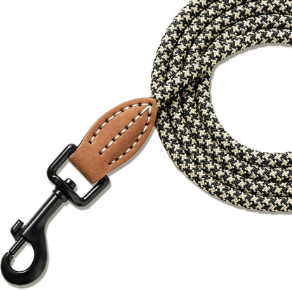 Mile High Life Small Dog Leash, Thin Rope Leash with Genuine Leather Connection and Heavy Duty Metal Clasp, Great for Small Medium Dogs(Black Khaki,60 Inch-1/3)