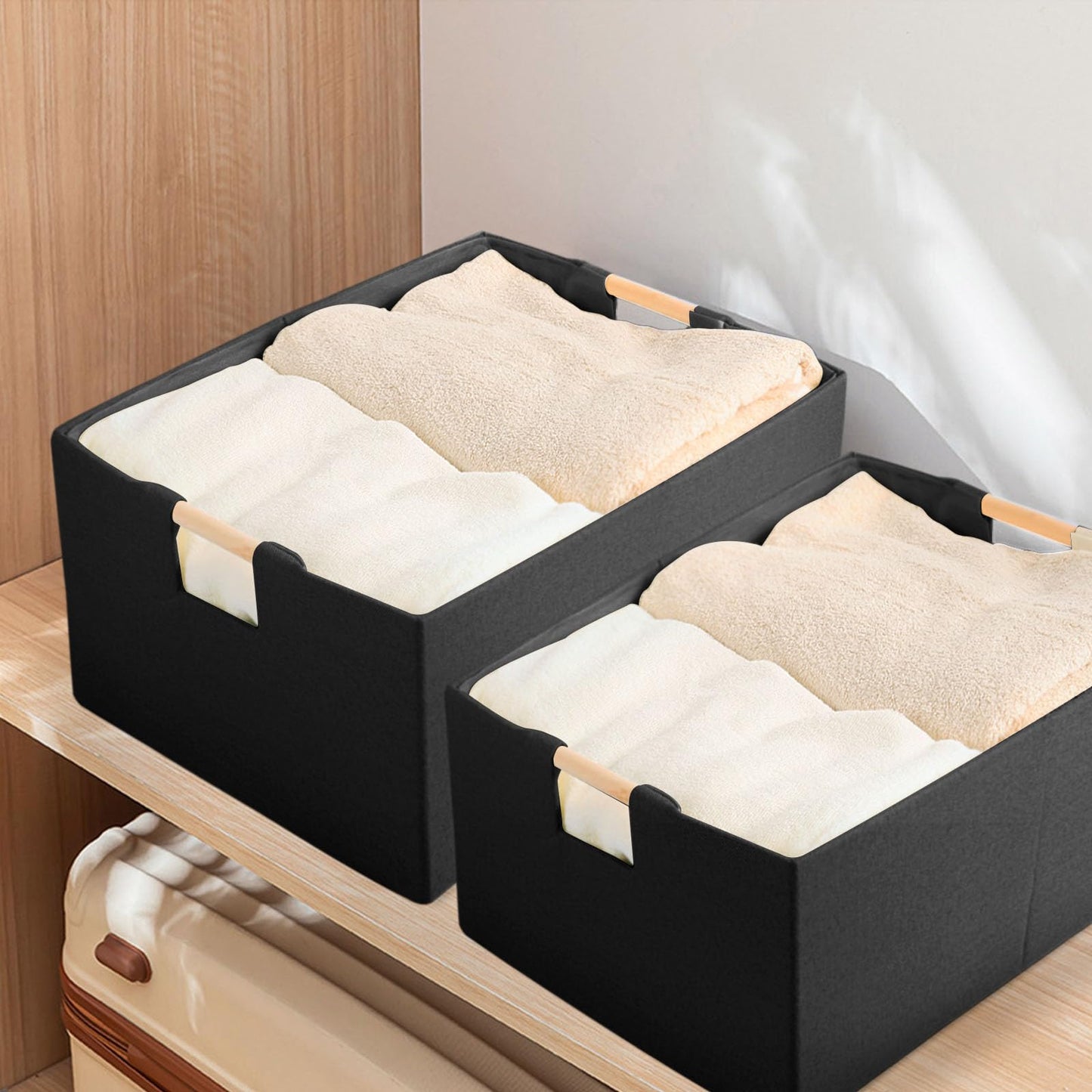 LaMorée Fabric Storage Bin Box Foldable Cotton Linen Storage Basket with Wooden Handles Rectangular Cube Decorative Home Laundry Organizer Clothes Blanket Container – Black, Large