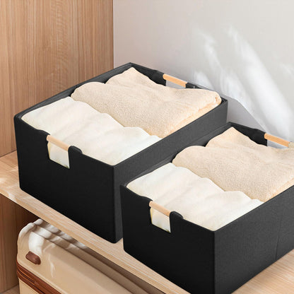 LaMorée Fabric Storage Bin Box Foldable Cotton Linen Storage Basket with Wooden Handles Rectangular Cube Decorative Home Laundry Organizer Clothes Blanket Container – Black, Large