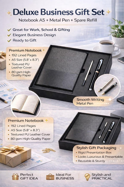 Business Office A5 Soft Leather Notebook Gift Set with Pen, Black, Professional Stationery Set with Premium Pens