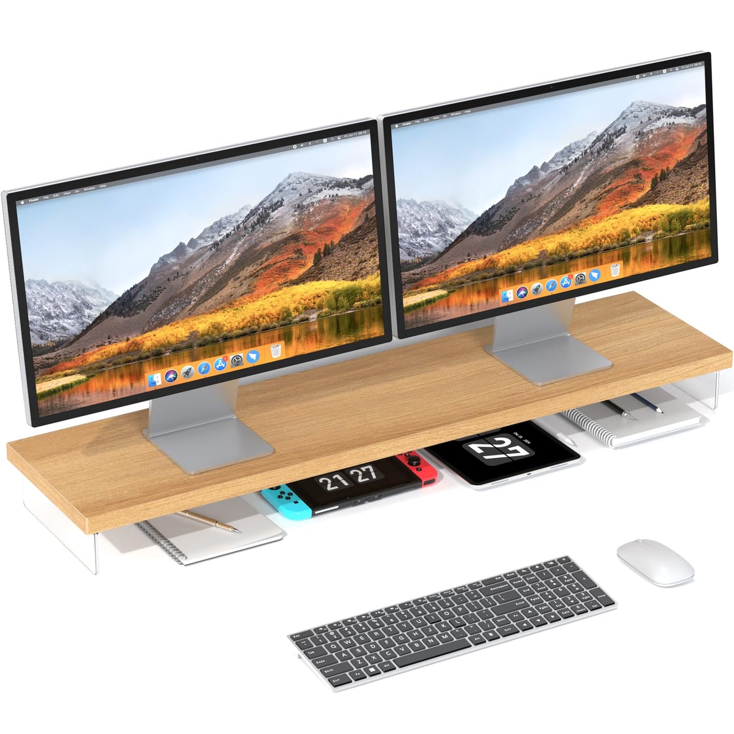SSWOOD Dual Monitor Stand Riser, 40" Large Computer Monitor Stands for 2 Monitors, Wooden Desktop Organizer Shelf for Office Desk Computer, Laptop, TV, Monitor, Printer