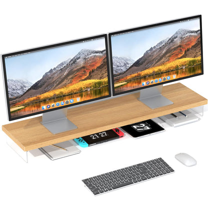 SSWOOD Dual Monitor Stand Riser, 40" Large Computer Monitor Stands for 2 Monitors, Wooden Desktop Organizer Shelf for Office Desk Computer, Laptop, TV, Monitor, Printer