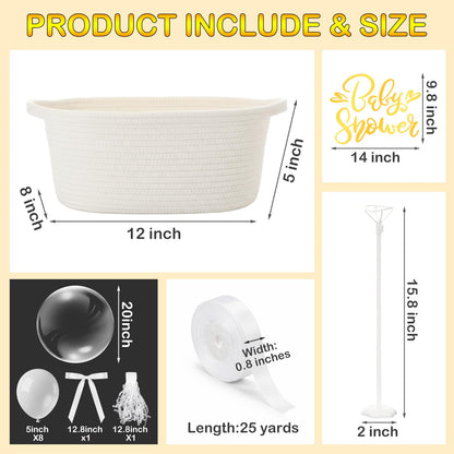 BrightRow DIY Hot Air Balloon Baby Shower Gift Basket Decoration Set Woven Basket Transparent Bobo and White Balloons Ribbon Balloon Stand Sticker Newborn Gift Wrapping Baby Shower Party Decor