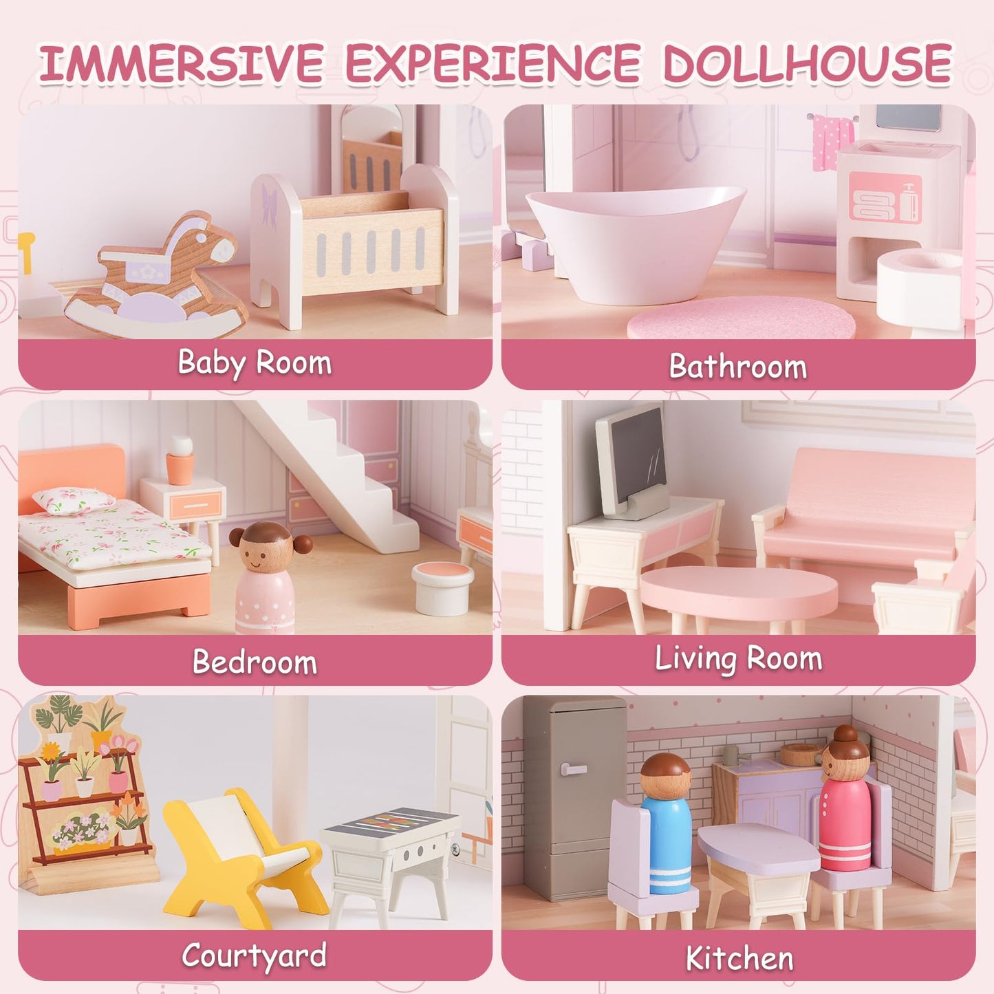 SainSmart Jr. Wooden Dollhouse for Girls, Modern Family Doll House with 37Pcs Furniture & Accessories, 3-Story Pretend Playhouse Toy Gift for Kids Ages 3+