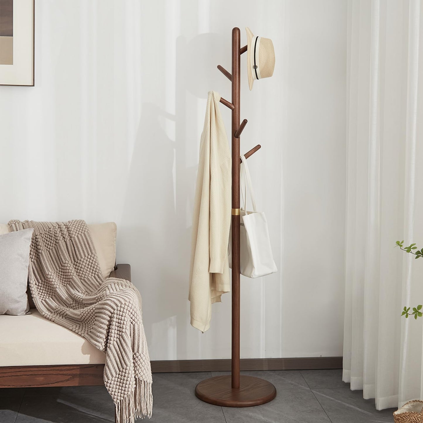 Homruilink Coat Rack, Solid Wood Coat Rack Freestanding with 6 Hooks, Wooden Coat Tree Freestanding for Hats, Handbags, Coat Stand for Entryway, Bedroom, Hallway - Fathers Day Gift for Dad (Walnut)