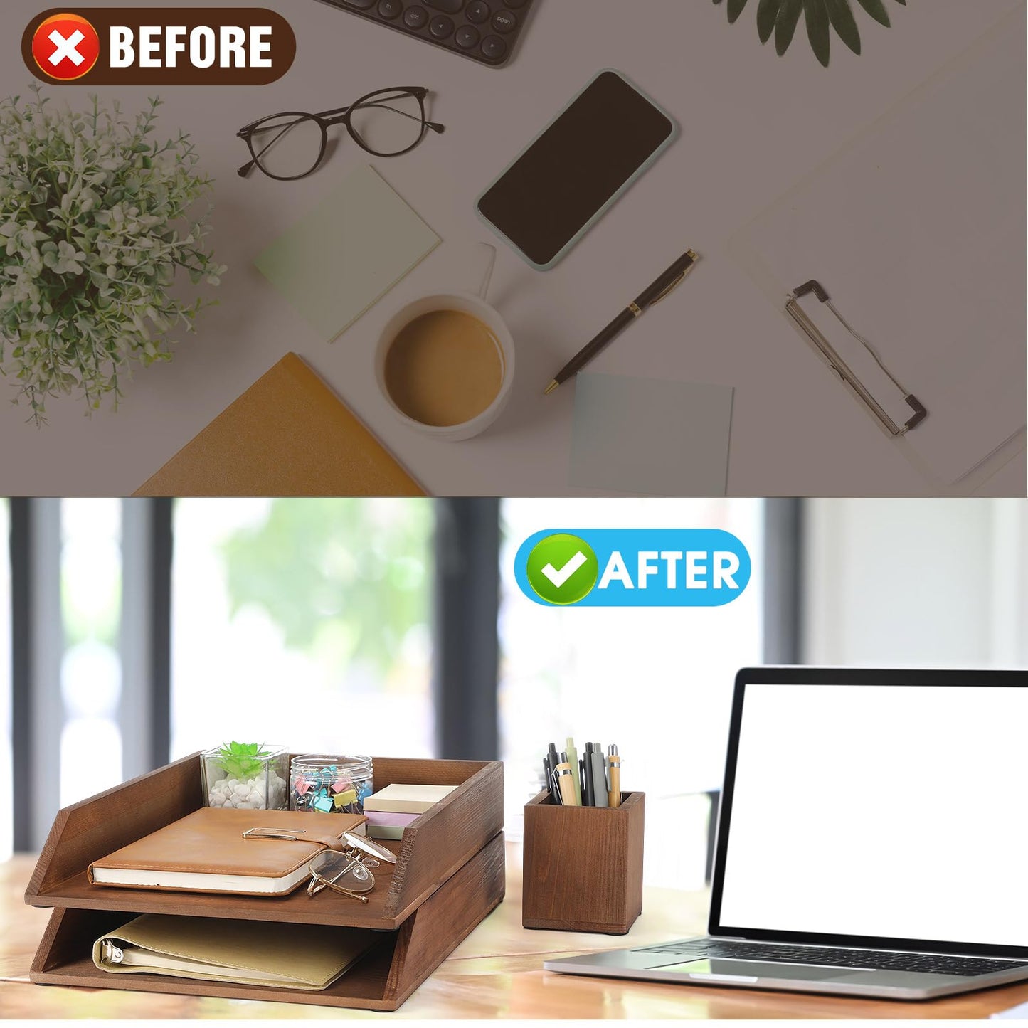 Nuanchu 2 Pcs Wooden Letter Trays with Pen Holder Wood Desk Organizer Set Heavy Duty 2 Tier Brown Stackable Supports Letter-Size Paper Tray Desktop Drawer Pen Magazine File Folder Office Accessories