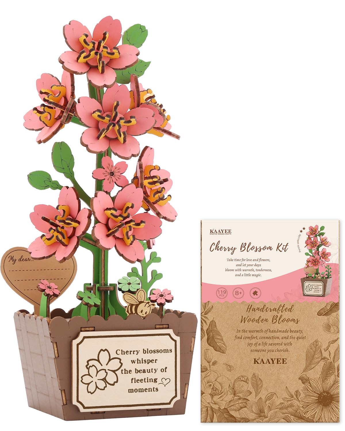 KAAYEE 3D Puzzles for Adults Cherry Blossom Potted, 119 Pcs Wooden Puzzle DIY Handcraft Kit, Romantic Pink Flower Home Office Decor, Gift for Lovers Couples on Anniversary Birthday Valentine's Day