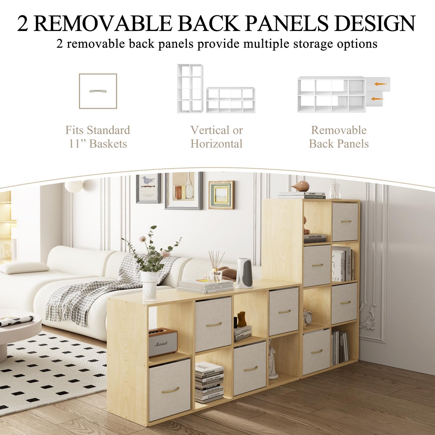 EXPERLAM 8 Cube Storage Organizer - Solid Wood Bookshelf with 4 Storage Bins, Cube Shelf with 2 Removable Back Panels, Vertical or Horizontal Bookcase, Open Book Shelf for Bedroom, Living Room, Office