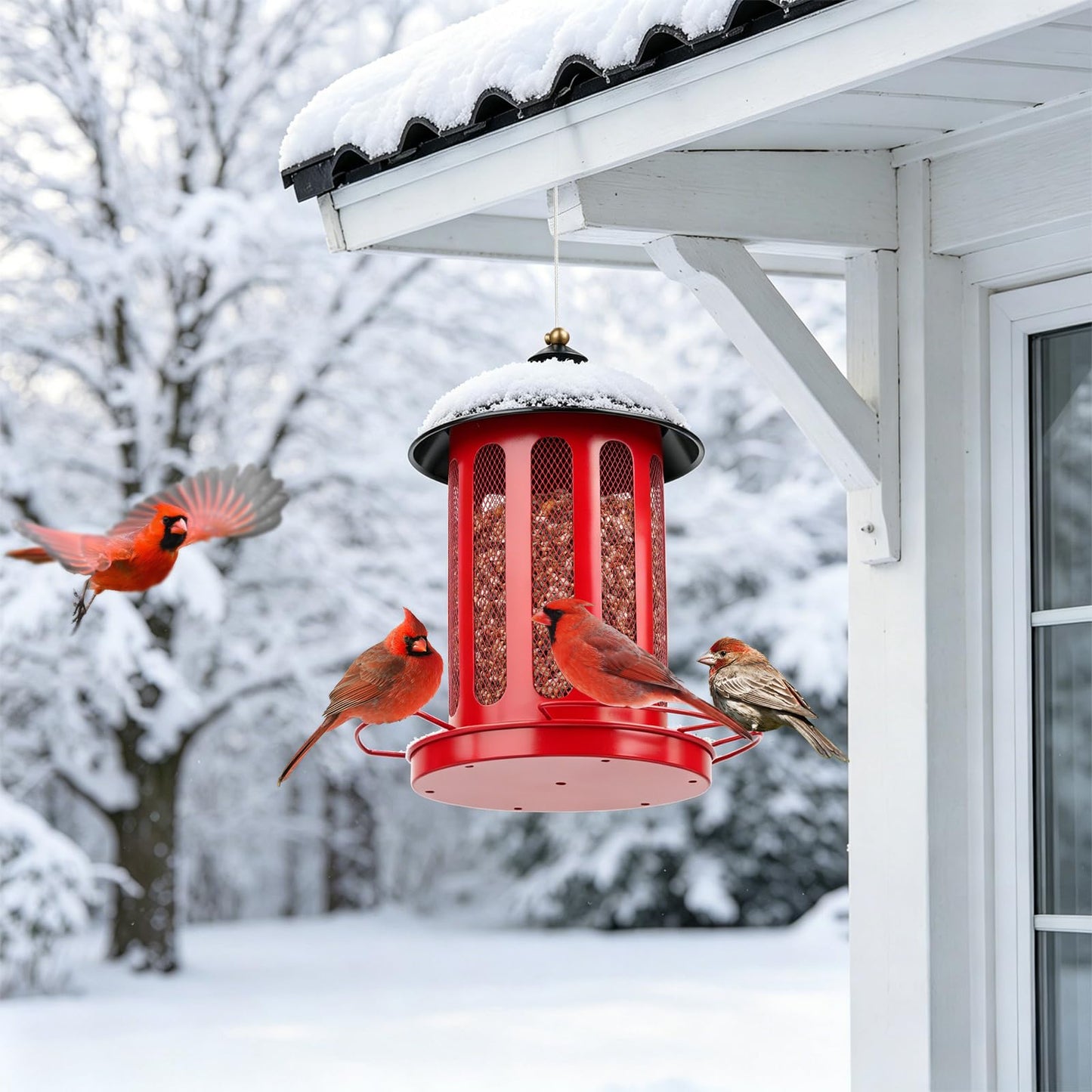 IWNTWY Bird Feeder, Large Capacity Bird Feeders for Outdoor Hanging, Heavy Duty Metal Wild Birdfeeder for Outside Garden Yard Decor, Retro Lantern Shape (Red)