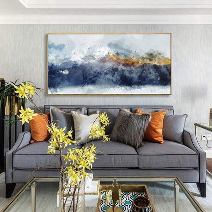 vgrozirh Framed Ready to Hang Wall Art Blue Clouds Yellow Mountain Peaks Indigo Ink Abstract Mountain Landscape Artwork Canvas Painting Prints for Living Room Bedroom Office Large Decor 24"x48"