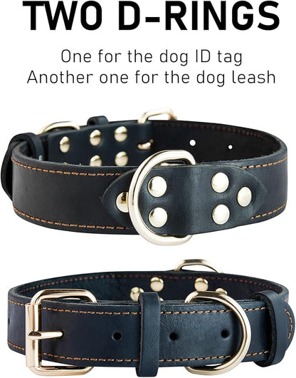Leather Dog Collar, Heavy Duty, Wide, for Medium & Large Dogs, Single Stitch - Black