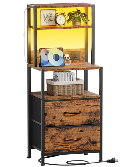 Furnulem Night Stand, Tall Nightstand with 4-Tier Shelves, 2 Fabric Drawers and LED Lights, Bed Side Tables with Charging Station, Bedside Table for Bedroom, Office, Rustic Brown